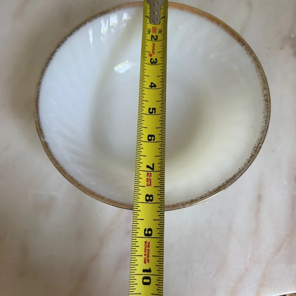 Vintage Fire-King Milk Glass Swirl Bowl Gold Trim 22k Rim White 8.25 Inch USA